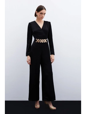 Birleşik Kemerli Saten Tulum - Siyah