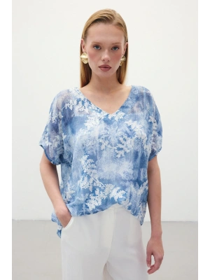 Nakışlı Kısa Kol Bluz - İndigo