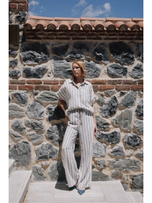 Çizgili Keten Karışımlı Pantolon - Lacivert