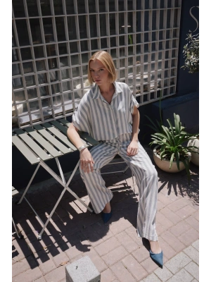 Çizgili Kısa Kol Gömlek - Lacivert