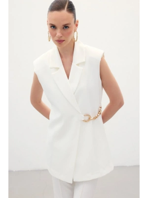 Yan Aksesuarlı Uzun Yelek - Ekru