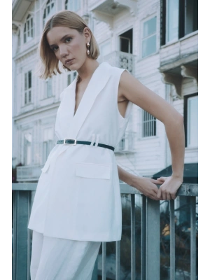 Kemerli Keten Yelek - Ekru