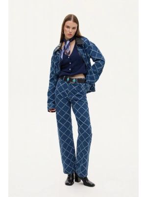 Baklava Desenli Yüksek Bel Bol Paça Kot Pantolon Mavi