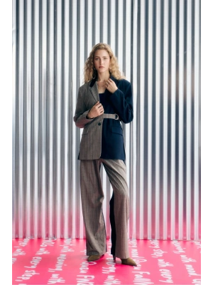 Ekose Garnili Bol Paça Pantolon Lacivert