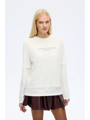 Tül Tişört Garnili Oversize Sweatshirt Ekru