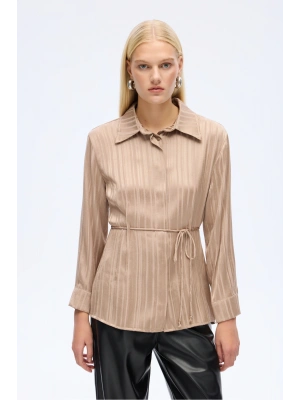 Parlak Dokulu Çizgili Belden Bağlamalı Gömlek Vizon