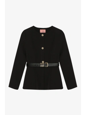 Kemer Aksesuarlı Yuvarlak Yaka Ceket Siyah