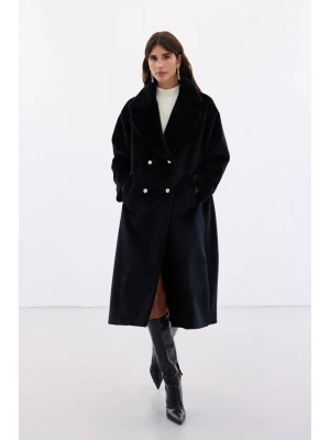 Düğme Detaylı Uzun Kaban - Siyah