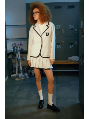 Biye Detaylı Nakışlı Blazer Ceket Gri