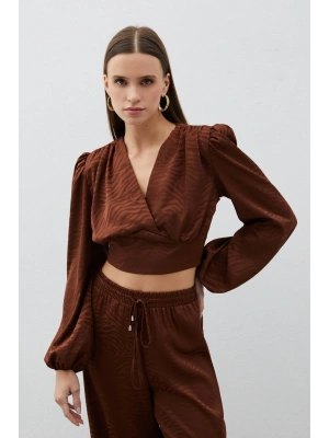 Desenli Kruvaze Saten Bluz - Kahve