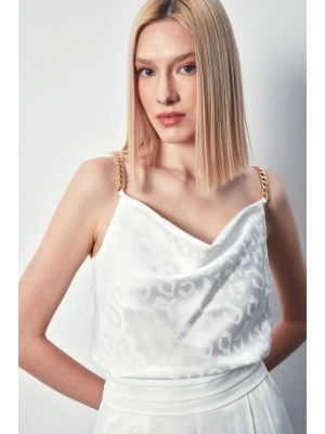 Zincir Askılı Saten Bluz - Ekru