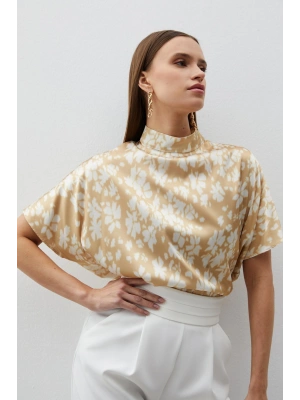 Dik Yaka Desenli Salaş Bluz - Kahve