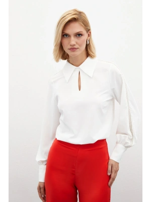 Kolları İnci Detaylı Bluz - Ekru