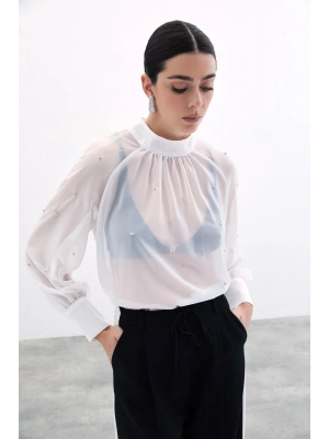 Taş Detaylı Transparan Bluz - Ekru
