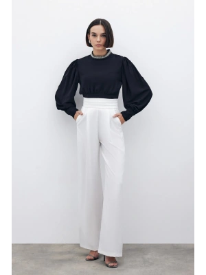 Bel Detaylı Cepli Pantolon - Ekru