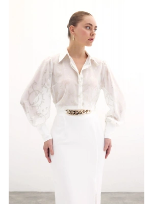 Geniş Manşetli Şifon Gömlek - Ekru