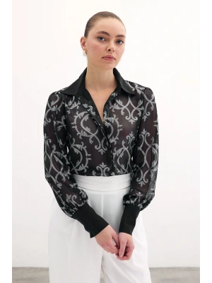 Geniş Manşetli Şifon Gömlek - Siyah