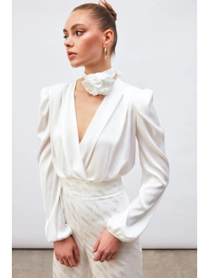 Kruvaze Saten Bodysuit Bluz - Ekru