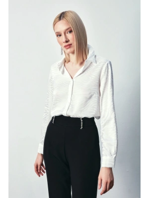 Desenli Düz Klasik Gömlek - Ekru