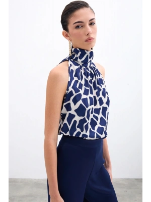 Boğazlı Kolsuz Bluz - Bej-Lacivert