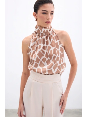 Boğazlı Kolsuz Bluz - Bej-Camel