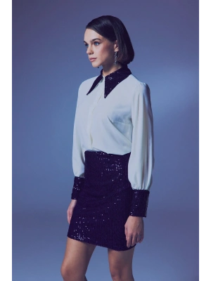 Payet Detaylı Gömlek - Ekru-Lacivert