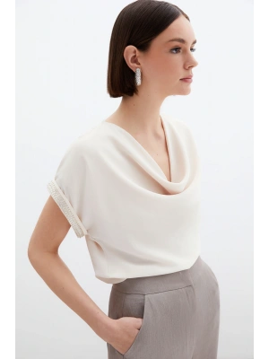 Kollar Taş Detaylı Salaş Bluz - Bej