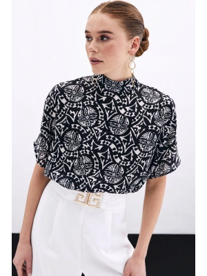 Kısa Kol Desenli Bluz - Siyah