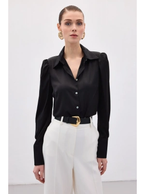 Vatkalı Saten Gömlek - Siyah