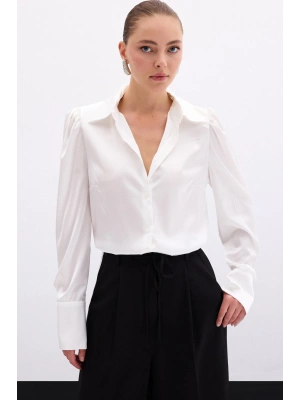 Vatkalı Saten Gömlek - Ekru