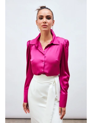 Vatkalı Saten Gömlek - Fuşya