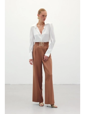 Bel Aksesuarlı Bol Paça Pantolon - Camel