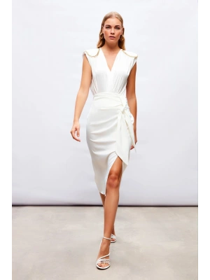 Bağlamalı Saten Etek - Ekru