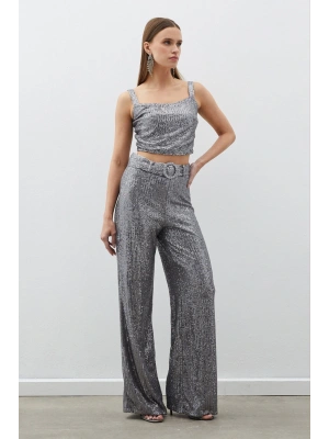 Kemerli Payet Pantolon - Gümüş