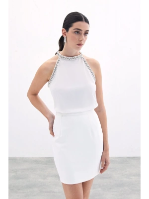 Aksesuar Detaylı Kolsuz Bluz - Ekru