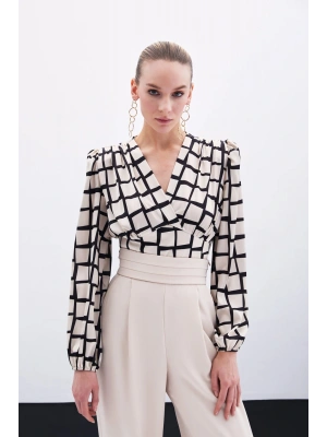 Desenli Crop Bluz - Bej