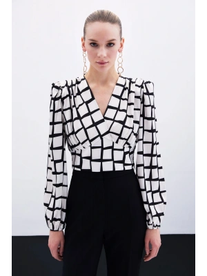 Desenli Crop Bluz - Ekru