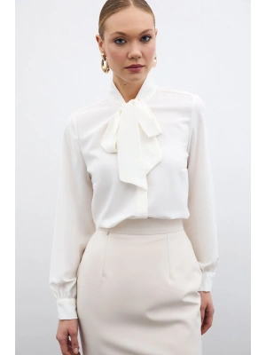 Yakası Bağlamalı Düz Gömlek - Ekru