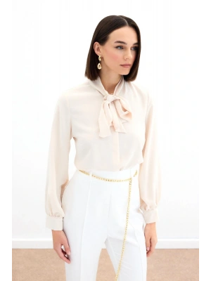 Yakası Bağlamalı Düz Gömlek - Bej