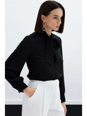 Yakası Bağlamalı Düz Gömlek - Siyah