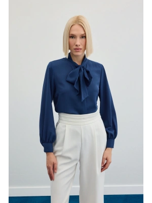 Yakası Bağlamalı Düz Gömlek - İndigo