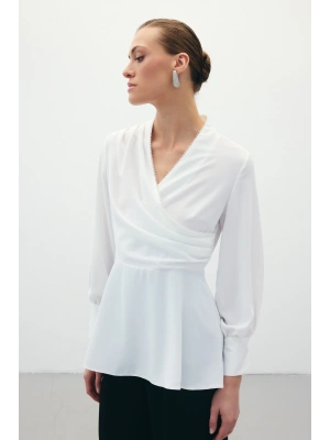 Boncuklu Yaka Kruvaze Bluz - Ekru