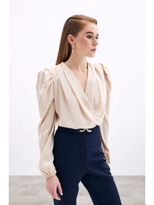 Kruvaze Vatkalı Bodysuit - Bej