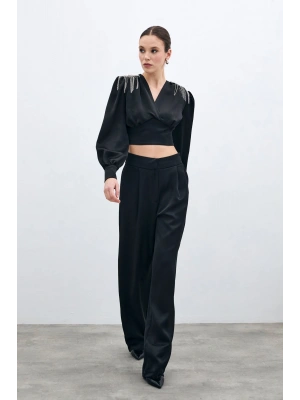 Pileli Saten Krep Pantolon - Siyah