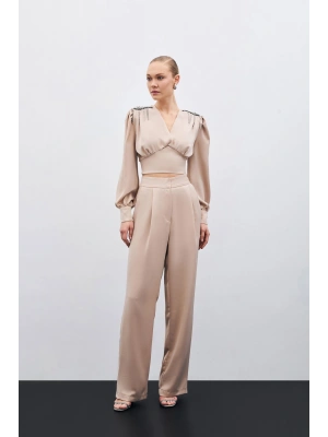 Pileli Saten Krep Pantolon - Bej
