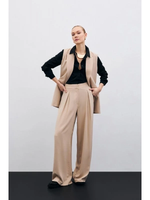 Yüksek Bel Bol Paça Pantolon - Bej