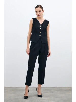 Yüksek Bel Pensli Pantolon - Siyah