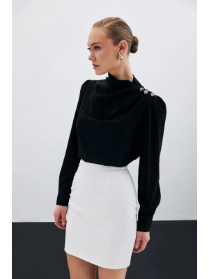 Düğmeleri Taş Detaylı Bluz - Siyah