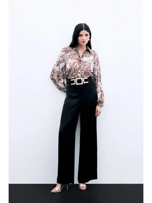 Bel Kemerli Saten Krep Pantolon - Siyah