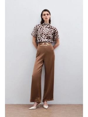 Bel Kemerli Saten Krep Pantolon - Camel